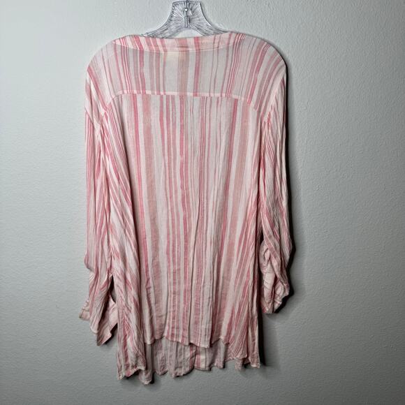 Style & Co Women’s 2X Pink White Striped Button Front Blouse Roll Tab Sleeve - Picture 2 of 8